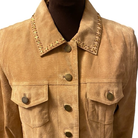 Tribal Suede Tan Leather Jacket With Gold Sequin & Beaded Trim, Womens size 10 - Picture 6 of 16